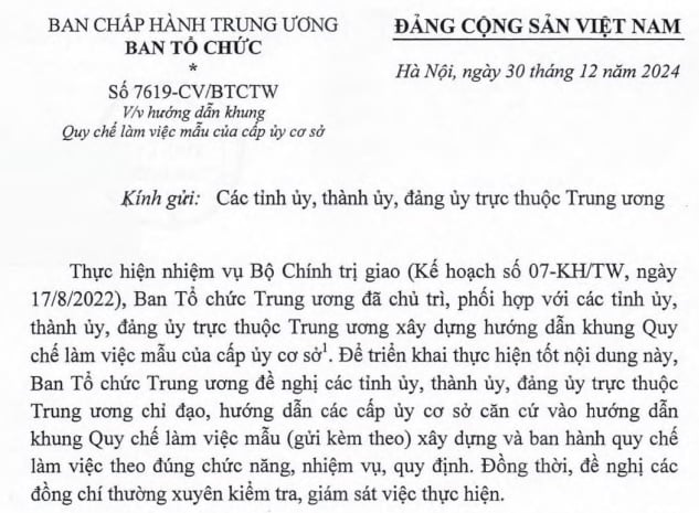 Đã có Công văn 7619 hướng dẫn khung Quy chế làm việc mẫu của cấp ủy cơ sở