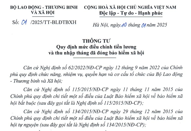 Đã có Thông tư 01/2025 về mức điều chỉnh tiền lương và thu nhập đã đóng BHXH năm 2025