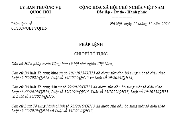 Đã có Pháp lệnh Chi phí tố tụng 2024