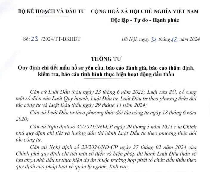 Đã có: Thông tư 23/2024/TT-BKHĐT về mẫu hồ sơ báo cáo tình hình thực hiện hoạt động đấu thầu