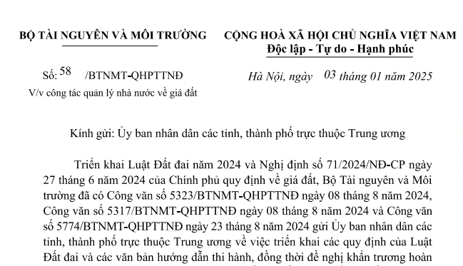 Đã có Công văn 58/BTNMT-QHPTTNĐ về công tác quản lý nhà nước về giá đất