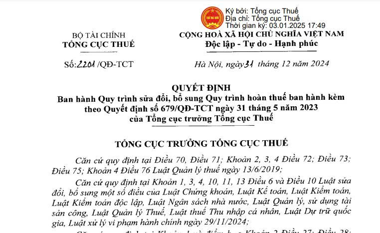 Đã có Quyết định 2201 sửa đổi Quy trình hoàn thuế theo Quyết định 679