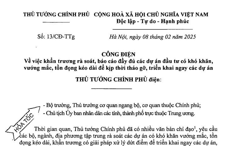 Công điện 13 về rà soát báo cáo các dự án đầu tư tồn đọng của Thủ tướng