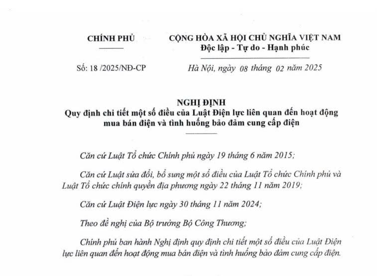 Đã có Nghị định 18/2025 về hoạt động mua bán điện