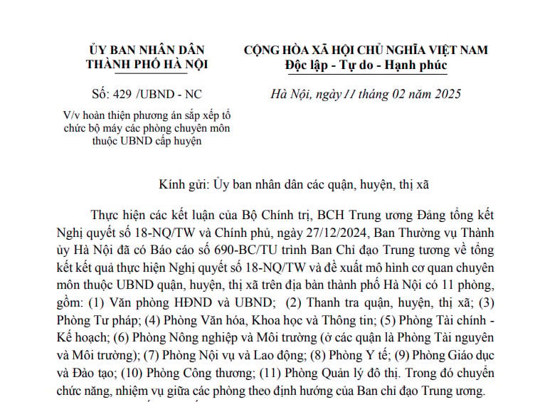 Đã có Công văn 429 sắp xếp tổ chức bộ máy các phòng chuyên môn thuộc UBND cấp huyện tại Hà Nội 