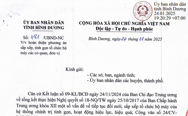 Đã có Công văn 481 sắp xếp tổ chức bộ máy các cơ quan đơn vị tại Bình Dương