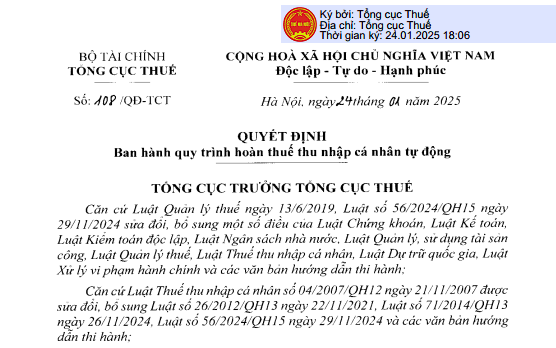 Đã có Quyết định 108 về quy trình hoàn thuế thu nhập cá nhân tự động