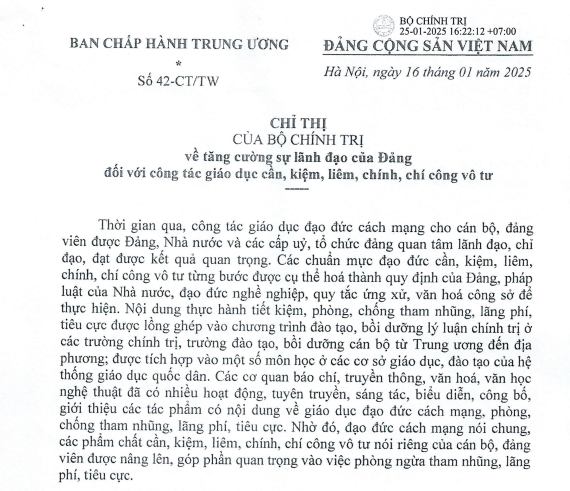 Đã có Chỉ thị 42 của Bộ Chính trị về công tác giáo dục cần kiệm liêm chính chí công vô tư 