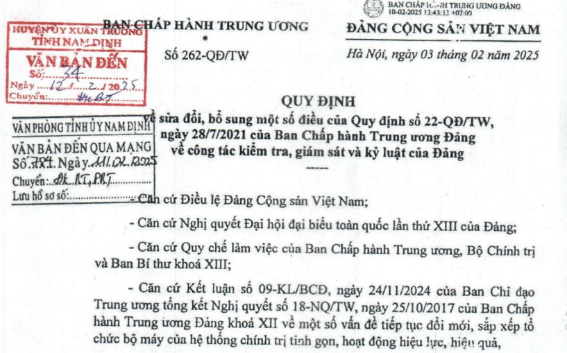 Đã có Quy định 262 sửa Quy định 22 về xử lý kỷ luật đảng viên