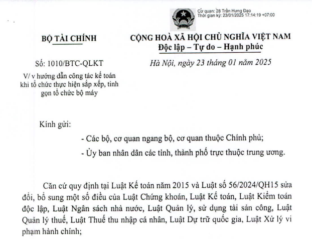 Công văn 1010 hướng dẫn công tác kế toán khi thực hiện sắp xếp tổ chức bộ máy