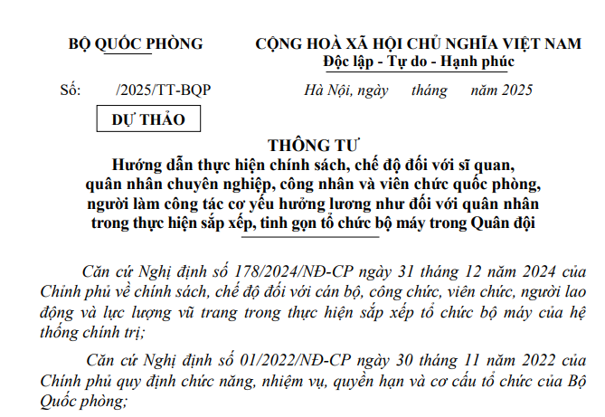 Đã có dự thảo Thông tư về chính sách khi sắp xếp tổ chức bộ máy trong Quân đội