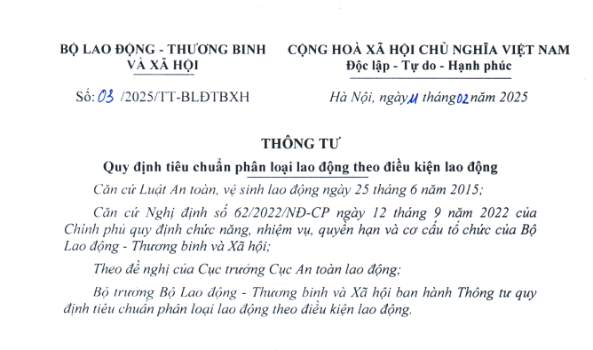 Đã có Thông tư 03/2025 về tiêu chuẩn phân loại lao động theo điều kiện lao động từ 01/4/2025 