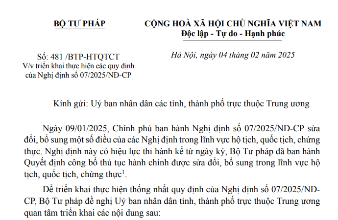 Công văn 481 về không yêu cầu xuất trình giấy chứng nhận kết hôn khi đăng ký khai sinh của Bộ Tư pháp