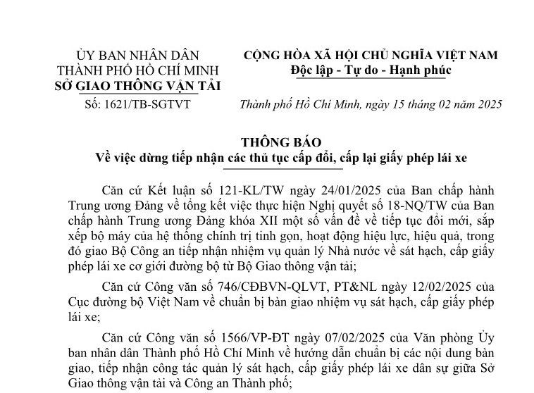 Thông báo 1621 về dừng cấp đổi, cấp lại giấy phép lái xe từ ngày 19/02/2025 của Sở GTVT TPHCM 