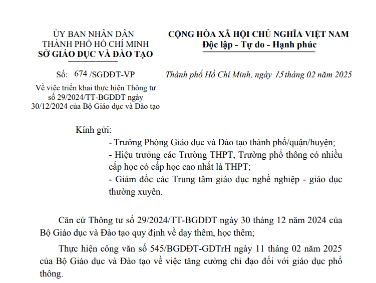 Đã có Công văn 674/SGDĐT-VP hướng dẫn về dạy thêm học thêm tại TPHCM