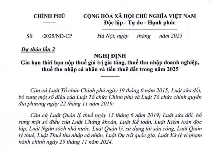 Đã có dự thảo Nghị định về gia hạn thời hạn nộp thuế và tiền thuê đất năm 2025