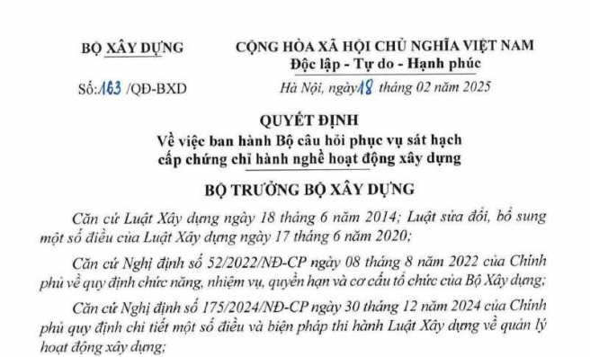 Đã có Quyết định 163 về Bộ câu hỏi sát hạch chứng chỉ hành nghề xây dựng 2025