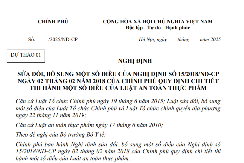 Đã có dự thảo Nghị định sửa Nghị định 15/2018 hướng dẫn Luật An toàn thực phẩm