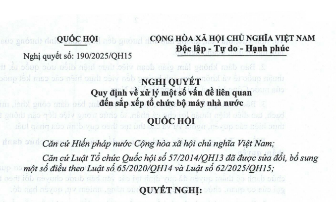 Đã có Nghị quyết 190 về xử lý một số vấn đề khi sắp xếp tổ chức bộ máy