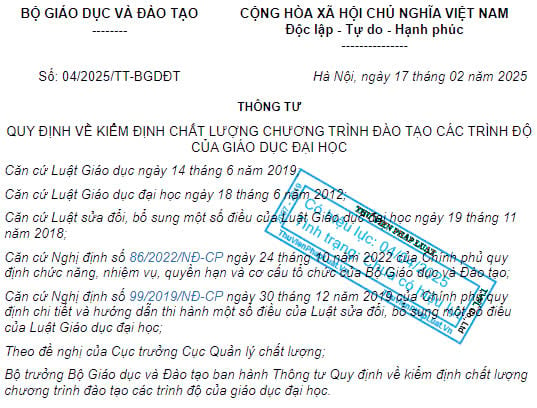 Đã có Thông tư 04 2025 quy định về kiểm định chất lượng chương trình đào tạo đại học