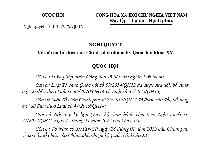 Đã có Nghị quyết 176/2025/QH15 về cơ cấu tổ chức của Chính phủ nhiệm kỳ Quốc hội khóa XV