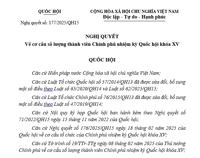 Đã có Nghị quyết 177 về cơ cấu số lượng thành viên Chính phủ nhiệm kỳ Quốc hội khóa XV 