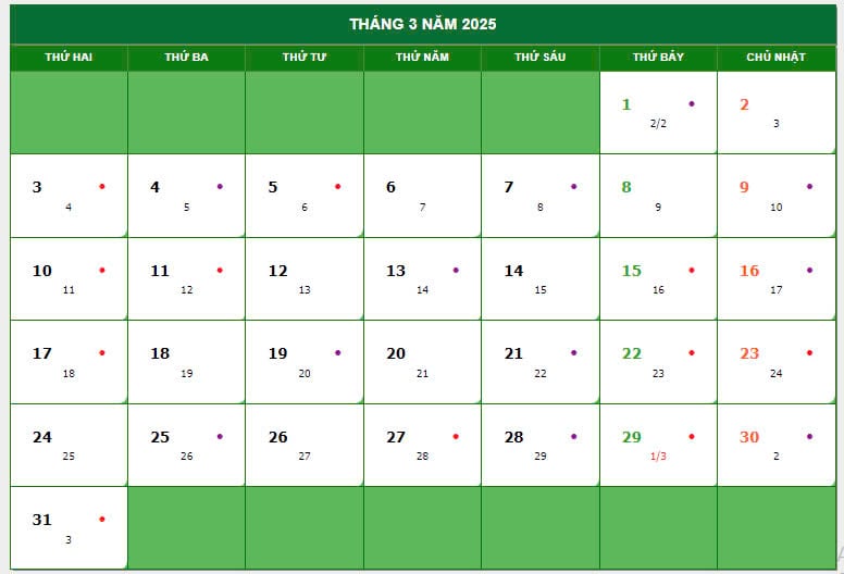 Tổng hợp các sự kiện và ngày lễ trong tháng 03 năm 2025