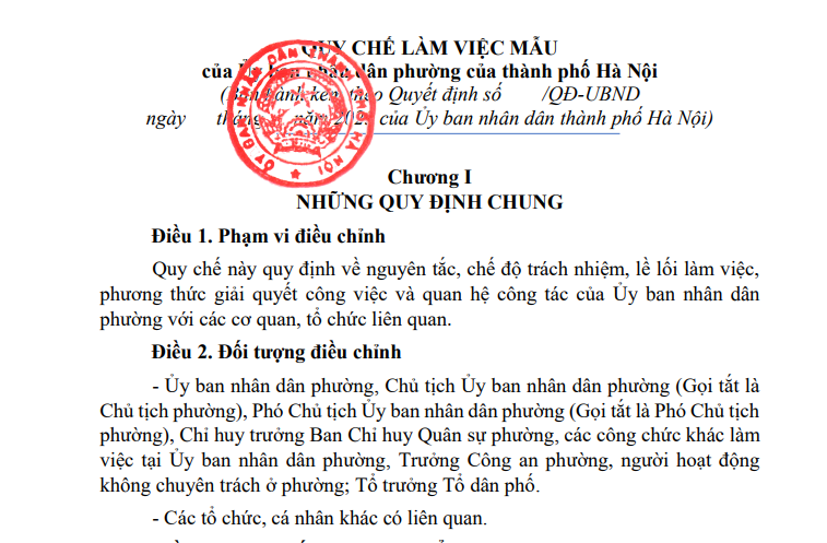 Quy chế làm việc mẫu của Ủy ban nhân dân phường của thành phố Hà Nội từ ngày 18/02/2025 