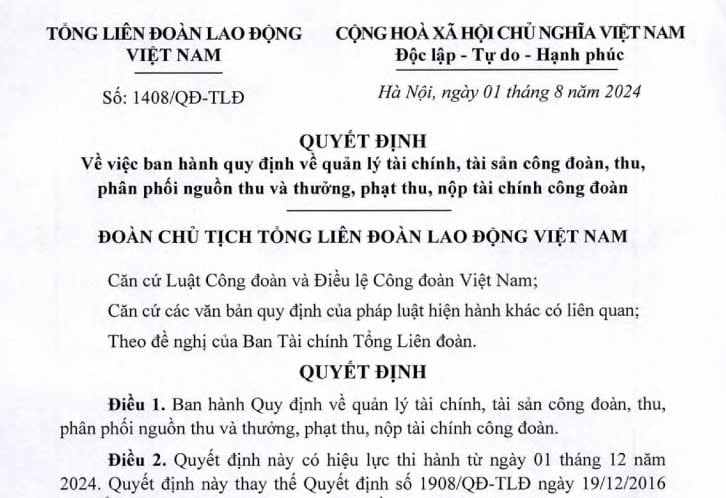 Đã có Quyết định 1408 về thu, nộp tài chính công đoàn