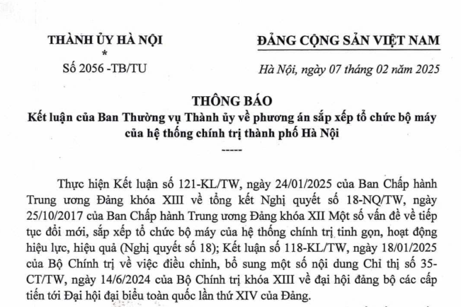 Thông báo 2056 về phương án sắp xếp tổ chức bộ máy TP Hà Nội