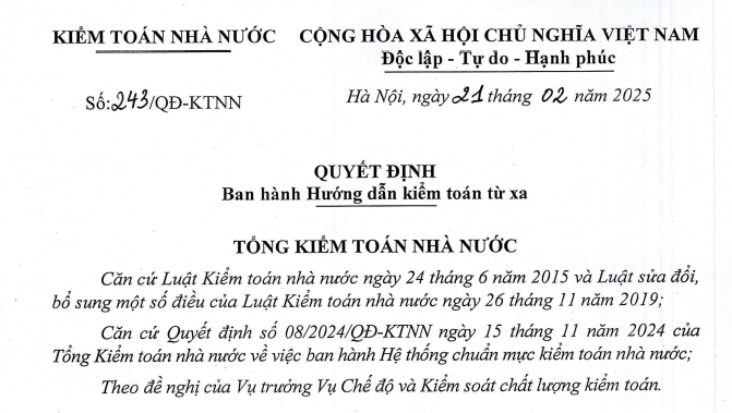 Đã có Quyết định 243 về Hướng dẫn kiểm toán từ xa