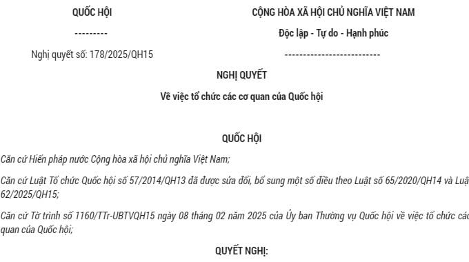 Đã có Nghị quyết 178 về việc tổ chức các cơ quan của Quốc hội