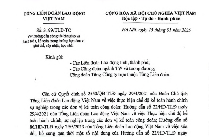 Công văn 3199 về bàn giao, hạch toán kế toán khi giải thể, sáp nhập, hợp nhất công đoàn