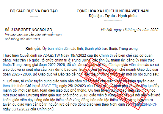 Công văn 312 của Bộ Giáo dục về ưu tiên tuyển dụng giáo viên đến năm 2031