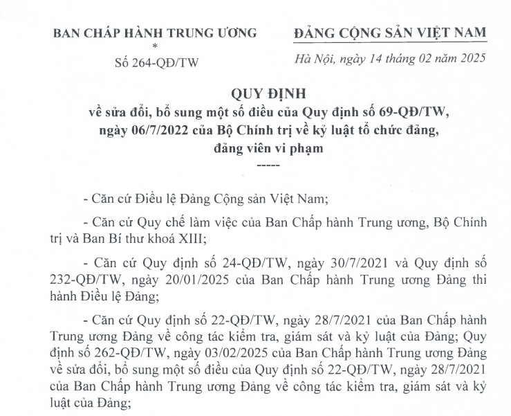 Đã có Quy định 264 sửa Quy định 69 về kỷ luật đảng viên vi phạm 