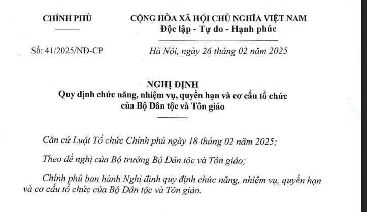 Đã có: Nghị định 41/2025 quyền hạn và cơ cấu tổ chức của Bộ Dân tộc và Tôn giáo