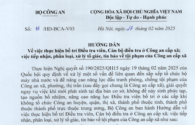 Hướng dẫn 11 về bố trí Điều tra viên, Cán bộ điều tra ở Công an cấp xã khi sắp xếp bộ máy từ ngày 01/3/2025