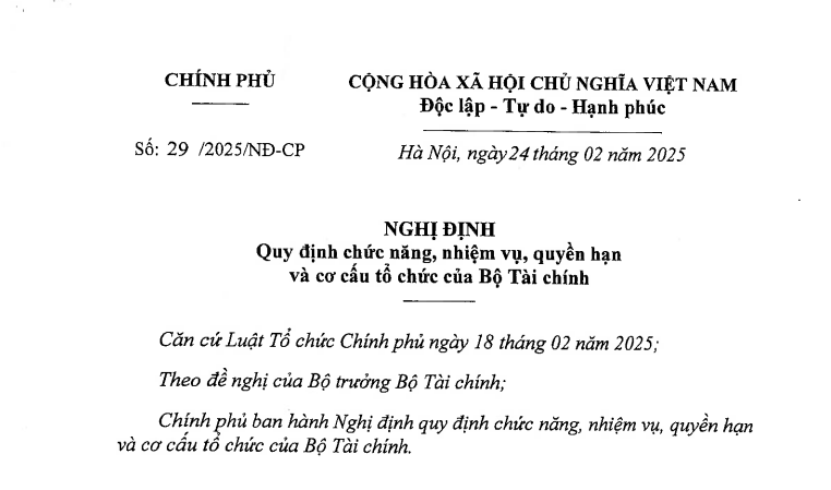 Đã có Nghị định 29/2025 về cơ cấu tổ chức của Bộ Tài chính từ ngày 01/3/2025 