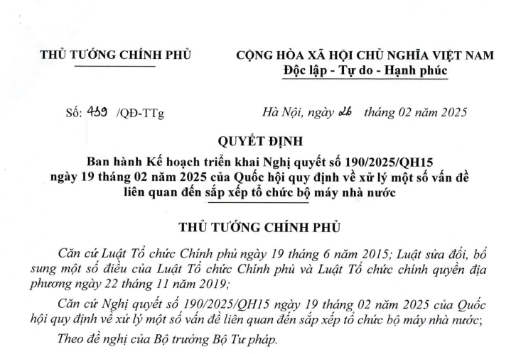 Đã có Kế hoạch triển khai Nghị quyết 190 về sắp xếp tổ chức bộ máy nhà nước