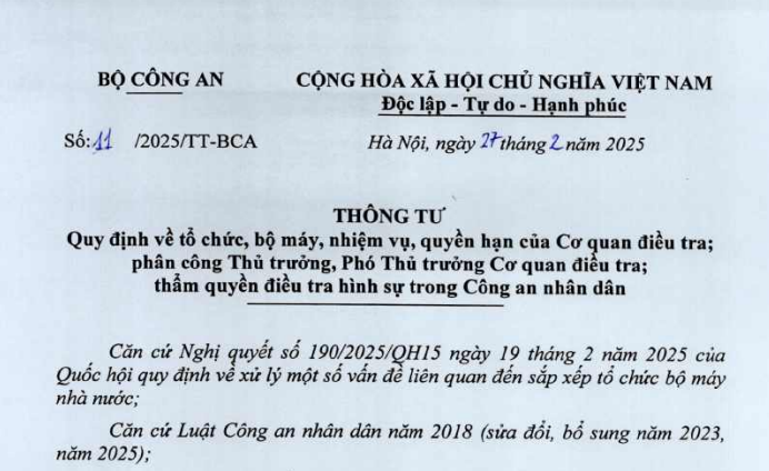 Đã có Thông tư 11/2025 về bộ máy quyền hạn của Cơ quan điều tra