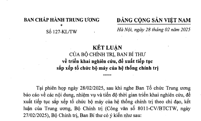 Đã có Kết luận 127-KL/TW về nghiên cứu sáp nhập tỉnh thành