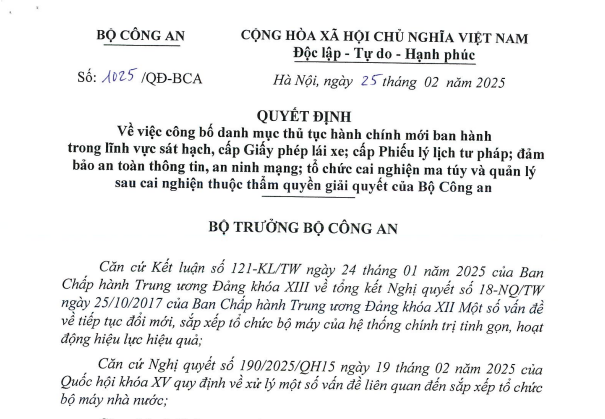 Đã có Quyết định 1025 về thủ tục sát hạch, cấp giấy phép lái xe và cấp Phiếu lý lịch tư pháp của Bộ Công an