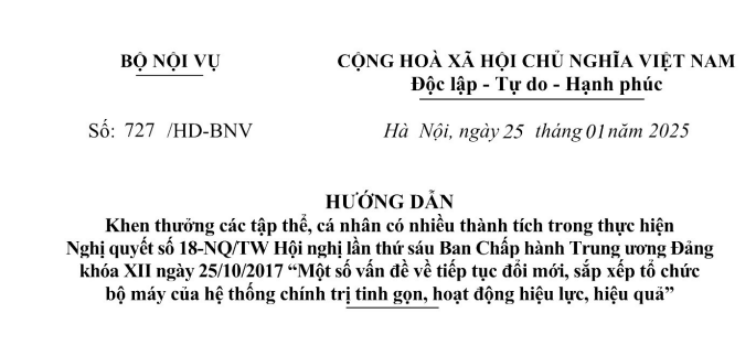 Hướng dẫn 727 khen thưởng trong thực hiện Nghị quyết 18 về sắp xếp tổ chức bộ máy