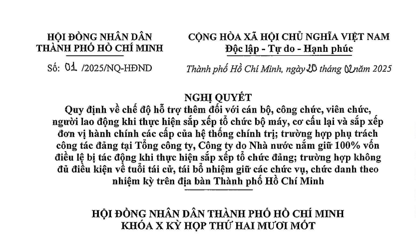 Đã có Nghị quyết 01/2025 hỗ trợ thêm cho công chức nghỉ việc do sắp xếp bộ máy tại TPHCM