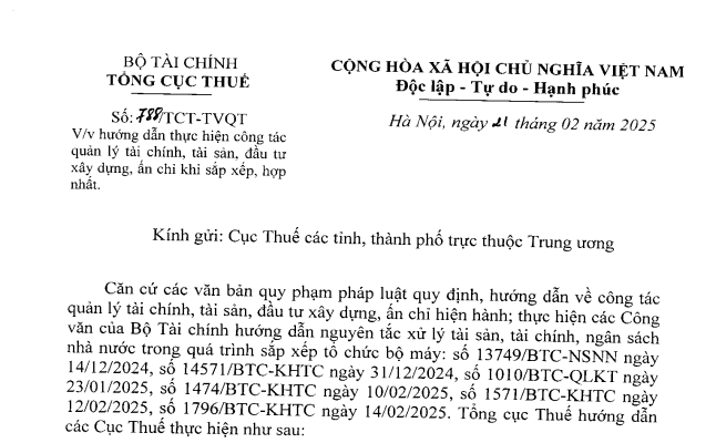 Công văn 788 hướng dẫn công tác quản lý tài chính khi sắp xếp hợp nhất của Tổng cục Thuế