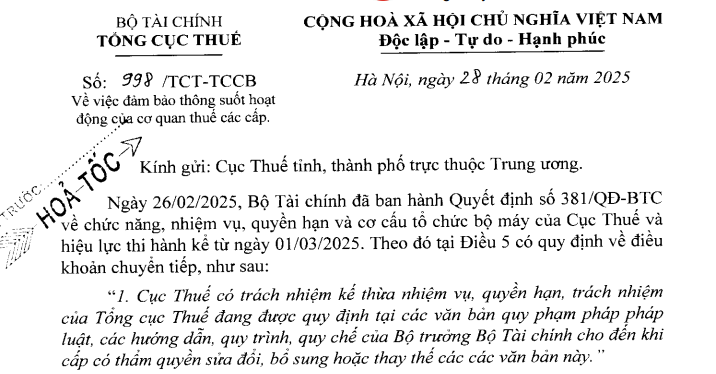 Công văn 998 đảm bảo thông suốt hoạt động của cơ quan thuế các cấp