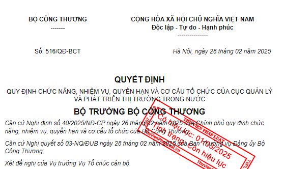 Đã có Quyết định 516 về cơ cấu tổ chức Cục Quản lý và Phát triển thị trường trong nước