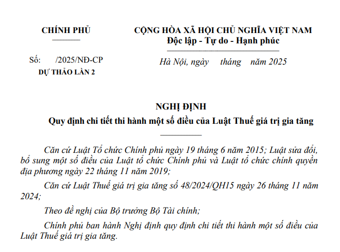 Cập nhật dự thảo Nghị định hướng dẫn Luật Thuế giá trị gia tăng 2024