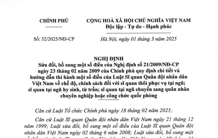 Đã có Nghị định 52/2025 sửa đổi về chế độ, chính sách đối với sĩ quan thôi phục vụ tại ngũ