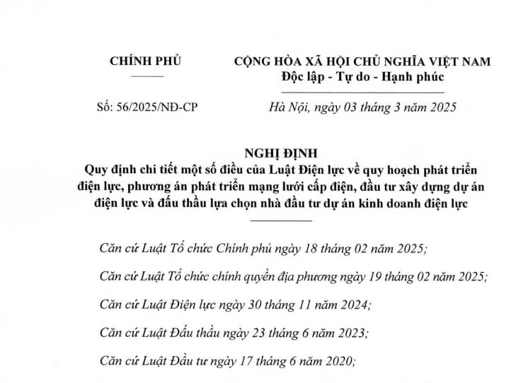 Đã có Nghị định 56/2025 về đầu tư xây dựng dự án điện lực và đấu thầu lựa chọn nhà đầu tư 